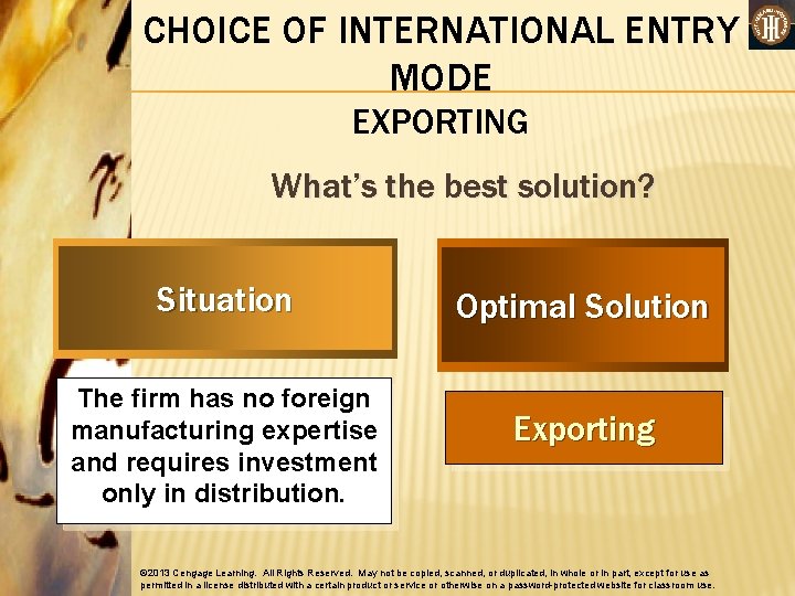 CHOICE OF INTERNATIONAL ENTRY MODE EXPORTING What’s the best solution? Situation The firm has