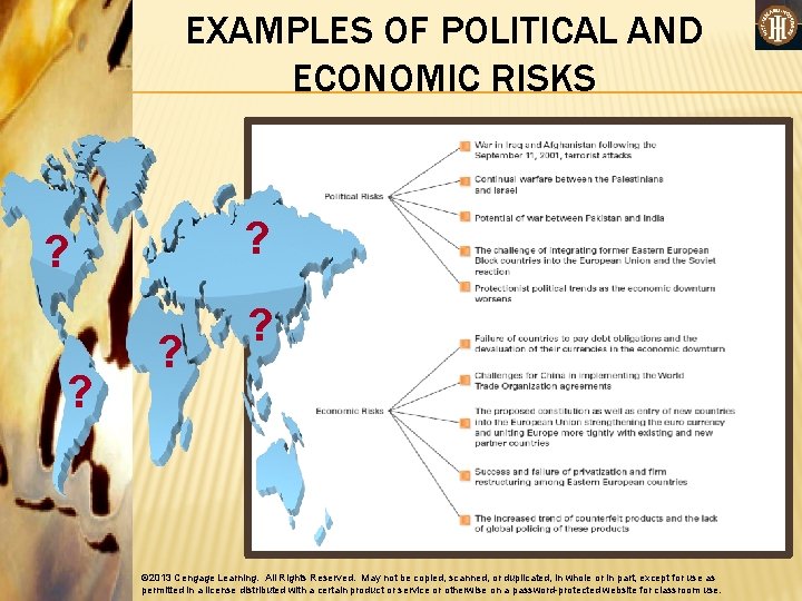 EXAMPLES OF POLITICAL AND ECONOMIC RISKS ? ? ? © 2013 Cengage Learning. All