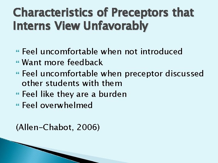 Characteristics of Preceptors that Interns View Unfavorably Feel uncomfortable when not introduced Want more
