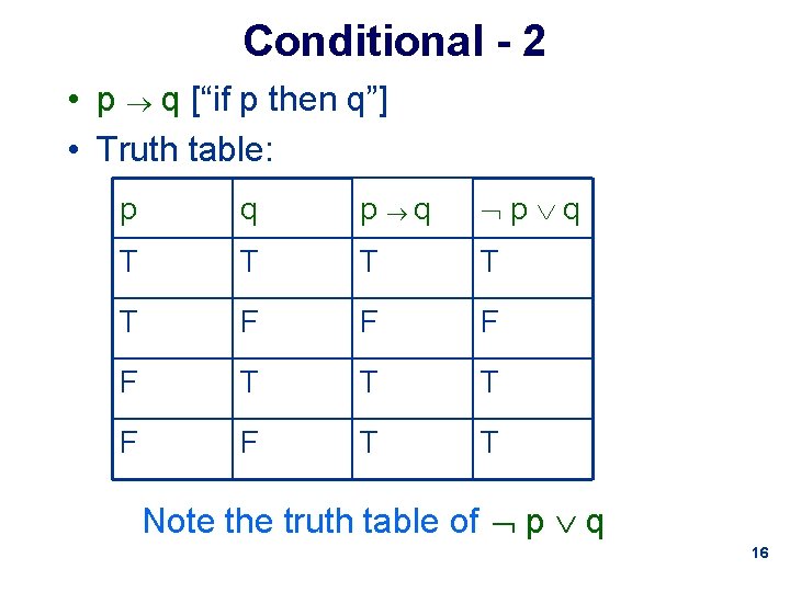 Conditional - 2 • p q [“if p then q”] • Truth table: p