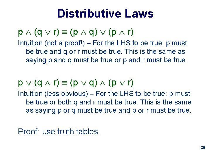 Distributive Laws p (q r) (p q) (p r) Intuition (not a proof!) –