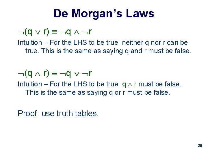 De Morgan’s Laws (q r) q r Intuition – For the LHS to be