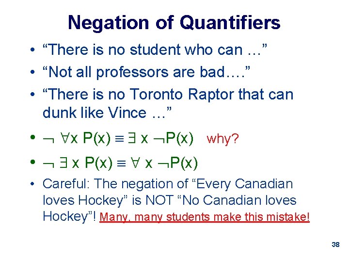 Negation of Quantifiers • “There is no student who can …” • “Not all