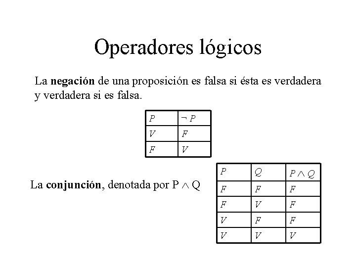 Operadores lógicos La negación de una proposición es falsa si ésta es verdadera y Operadores lógicos La negación de una proposición es falsa si ésta es verdadera y