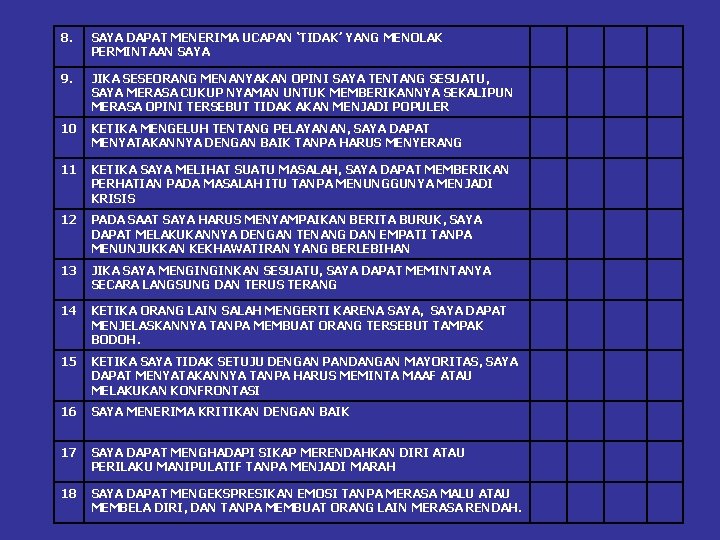 8. SAYA DAPAT MENERIMA UCAPAN ‘TIDAK’ YANG MENOLAK PERMINTAAN SAYA 9. JIKA SESEORANG MENANYAKAN