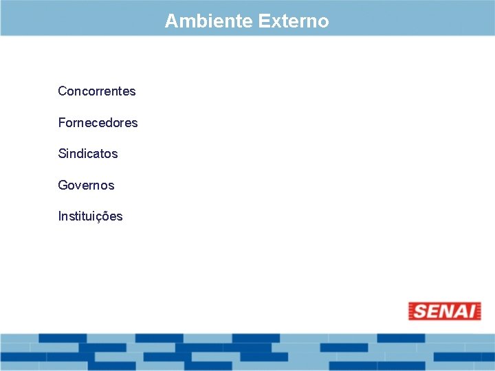 Ambiente Externo Concorrentes Fornecedores Sindicatos Governos Instituições 