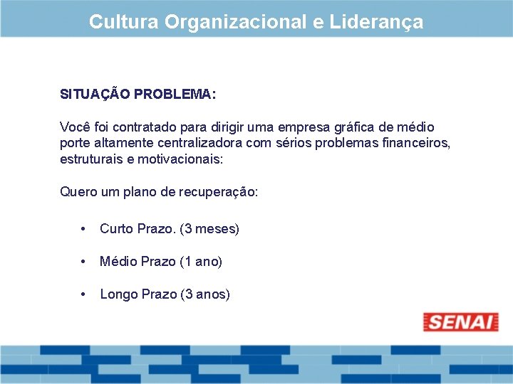 Cultura Organizacional e Liderança SITUAÇÃO PROBLEMA: Você foi contratado para dirigir uma empresa gráfica