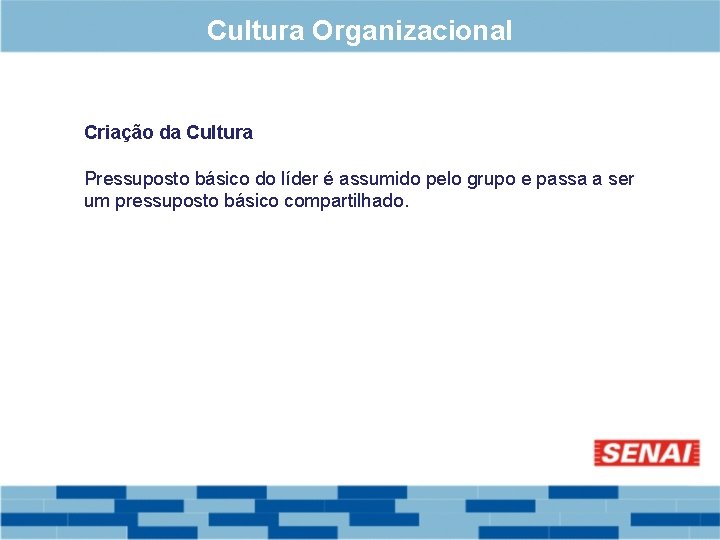 Cultura Organizacional Criação da Cultura Pressuposto básico do líder é assumido pelo grupo e