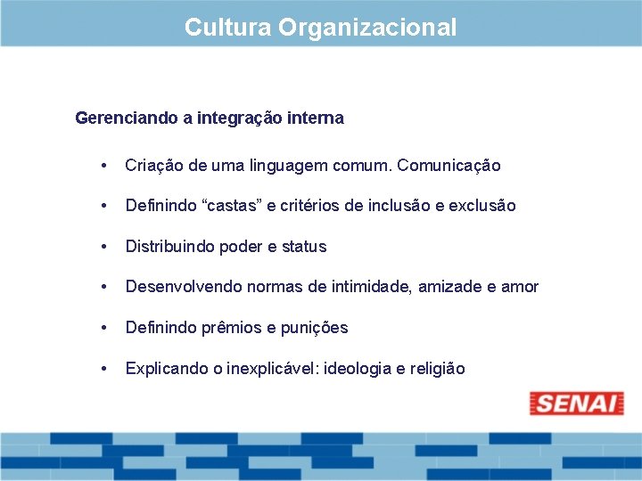 Cultura Organizacional Gerenciando a integração interna • Criação de uma linguagem comum. Comunicação •