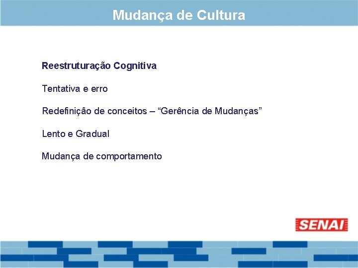 Mudança de Cultura Reestruturação Cognitiva Tentativa e erro Redefinição de conceitos – “Gerência de