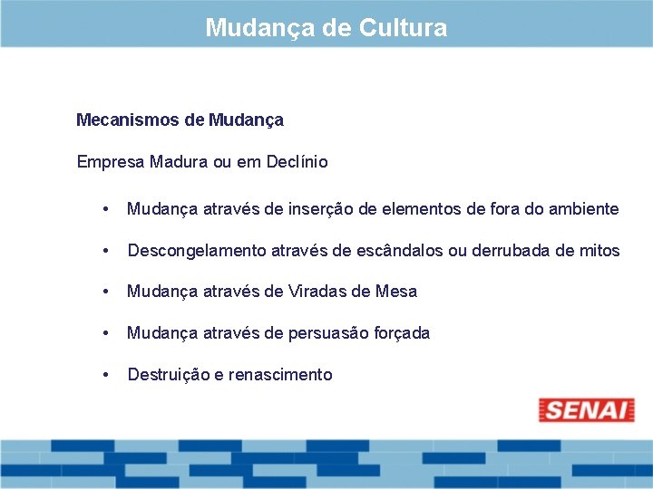 Mudança de Cultura Mecanismos de Mudança Empresa Madura ou em Declínio • Mudança através