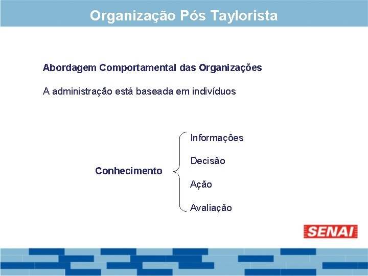 Organização Pós Taylorista Abordagem Comportamental das Organizações A administração está baseada em indivíduos Informações