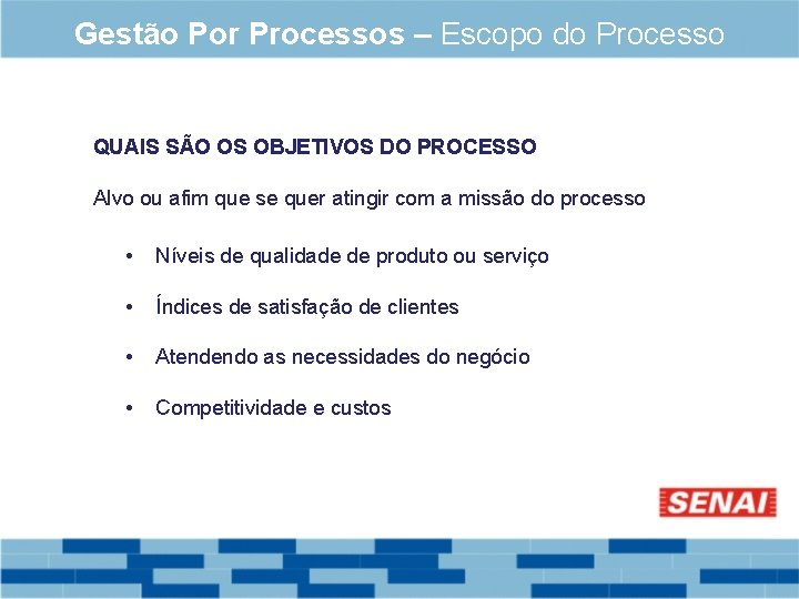 Gestão Por Processos – Escopo do Processo QUAIS SÃO OS OBJETIVOS DO PROCESSO Alvo