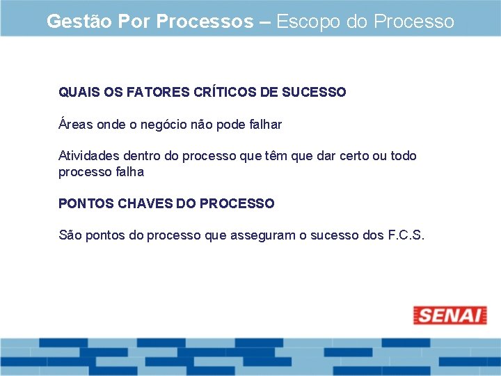 Gestão Por Processos – Escopo do Processo QUAIS OS FATORES CRÍTICOS DE SUCESSO Áreas