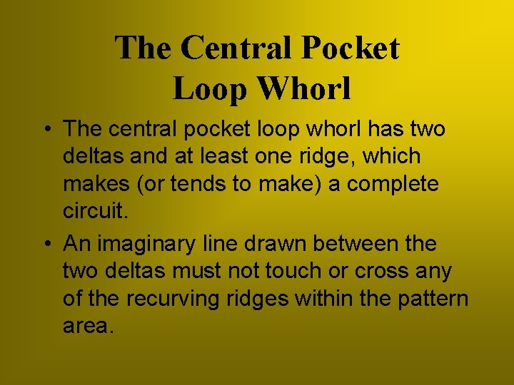 The Central Pocket Loop Whorl • The central pocket loop whorl has two deltas