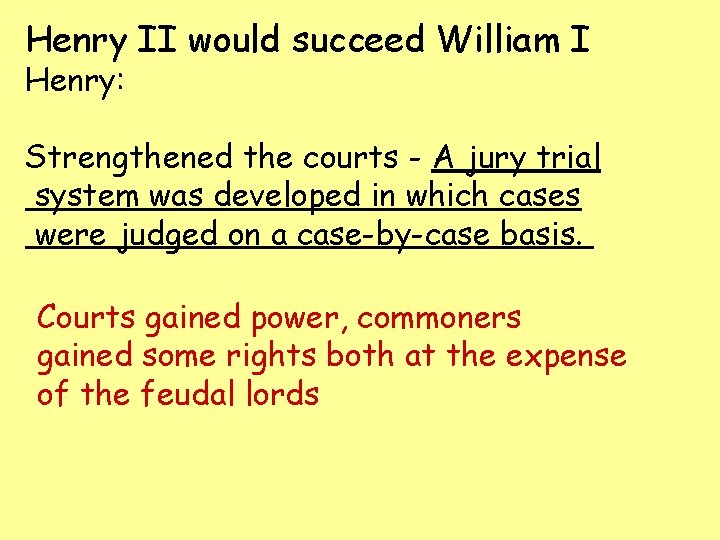 Henry II would succeed William I Henry: Strengthened the courts - A jury trial Henry II would succeed William I Henry: Strengthened the courts - A jury trial