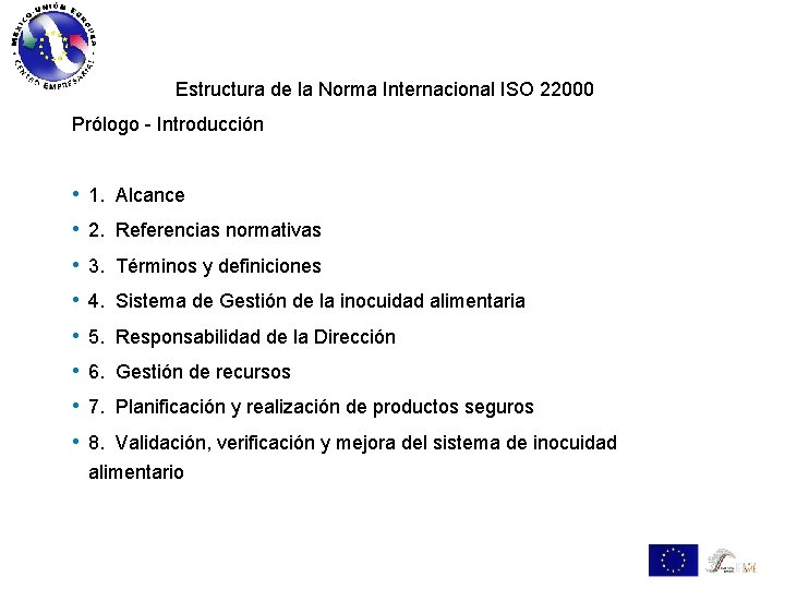 Estructura de la Norma Internacional ISO 22000 Prólogo - Introducción • • 1. Alcance