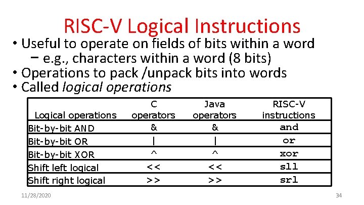 RISC-V Logical Instructions • Useful to operate on fields of bits within a word