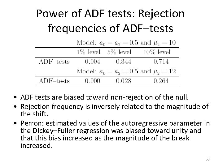 Power of ADF tests: Rejection frequencies of ADF–tests • ADF tests are biased toward