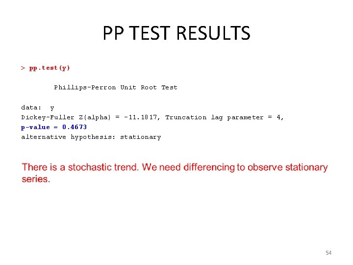 PP TEST RESULTS > pp. test(y) Phillips-Perron Unit Root Test data: y Dickey-Fuller Z(alpha)