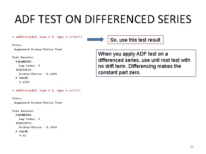 ADF TEST ON DIFFERENCED SERIES > adf. Test(ydif, lags = 5, type = c("nc")) ADF TEST ON DIFFERENCED SERIES > adf. Test(ydif, lags = 5, type = c("nc"))