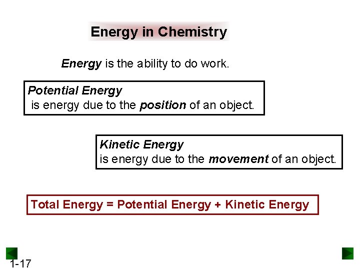 Energy in Chemistry Energy is the ability to do work. Potential Energy is energy