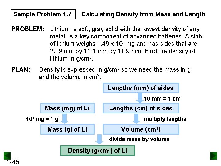 Sample Problem 1. 7 Calculating Density from Mass and Length PROBLEM: Lithium, a soft,