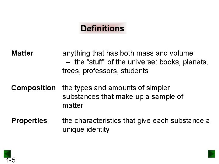 Definitions Matter anything that has both mass and volume – the “stuff” of the
