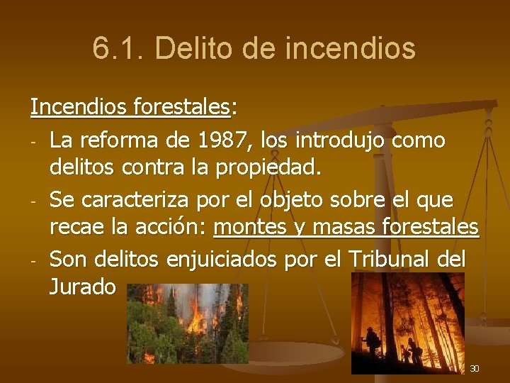 6. 1. Delito de incendios Incendios forestales: - La reforma de 1987, los introdujo