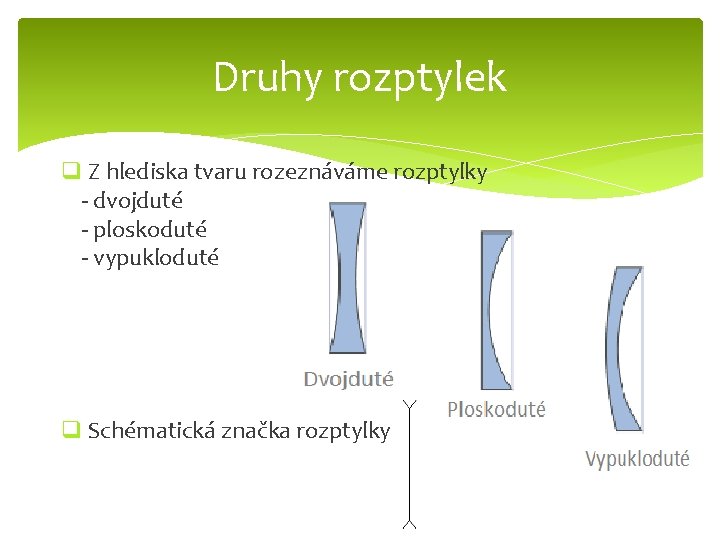 Druhy rozptylek q Z hlediska tvaru rozeznáváme rozptylky - dvojduté - ploskoduté - vypukloduté