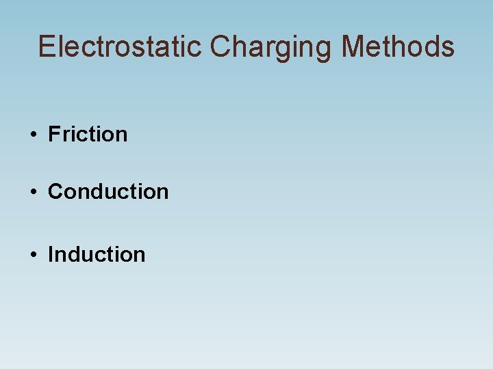 Electrostatic Charging Methods • Friction • Conduction • Induction Electrostatic Charging Methods • Friction • Conduction • Induction