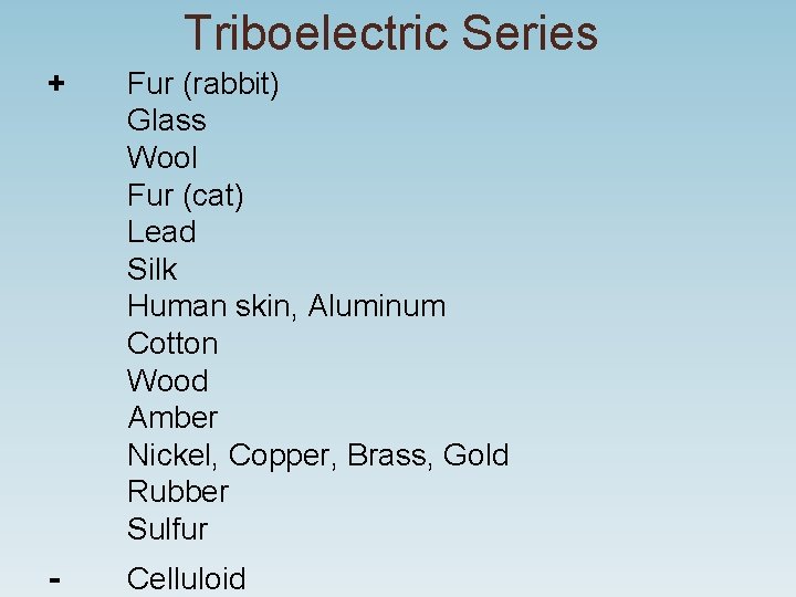 Triboelectric Series + Fur (rabbit) Glass Wool Fur (cat) Lead Silk Human skin, Aluminum Triboelectric Series + Fur (rabbit) Glass Wool Fur (cat) Lead Silk Human skin, Aluminum