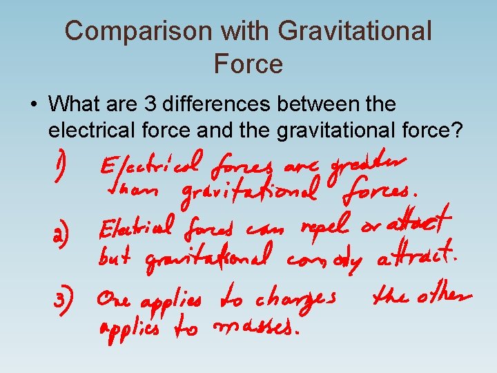 Comparison with Gravitational Force • What are 3 differences between the electrical force and