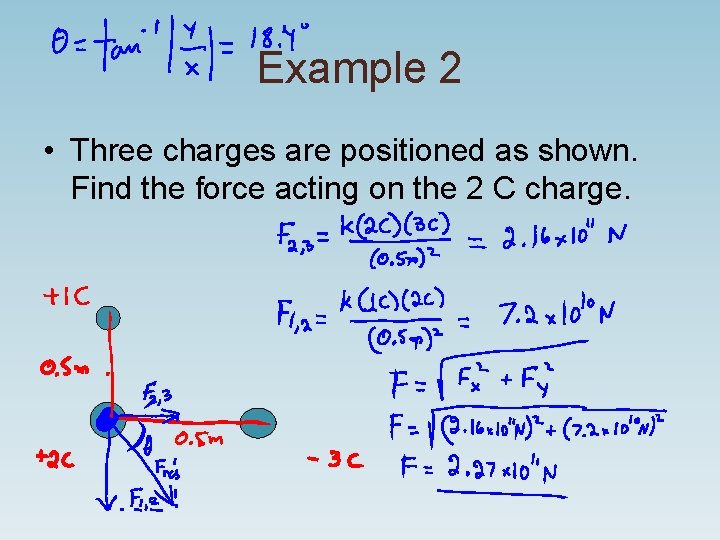 Example 2 • Three charges are positioned as shown. Find the force acting on