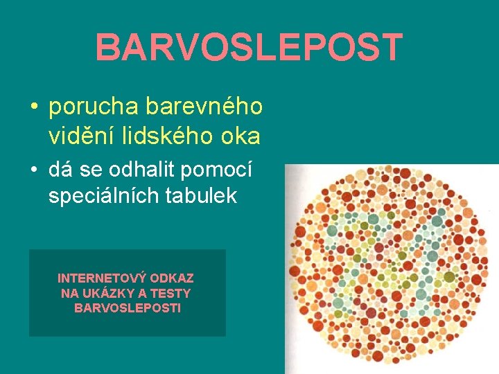 BARVOSLEPOST • porucha barevného vidění lidského oka • dá se odhalit pomocí speciálních tabulek