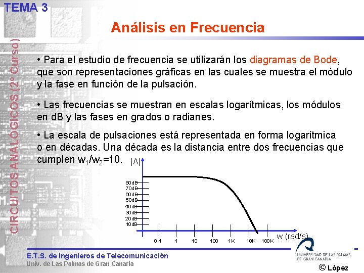 TEMA 3 CIRCUITOS ANALÓGICOS (2º Curso) Análisis en Frecuencia • Para el estudio de