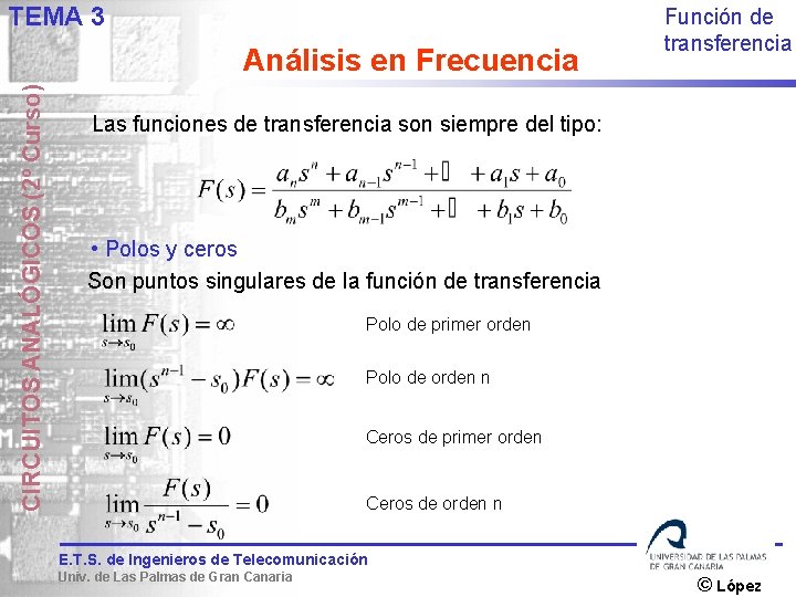 TEMA 3 CIRCUITOS ANALÓGICOS (2º Curso) Análisis en Frecuencia Función de transferencia Las funciones