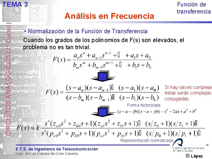 TEMA 3 Función de transferencia CIRCUITOS ANALÓGICOS (2º Curso) Análisis en Frecuencia • Normalización