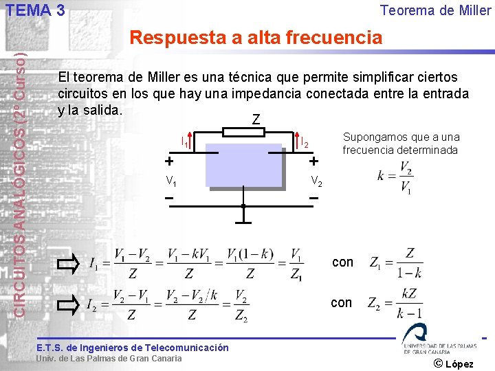 TEMA 3 Teorema de Miller CIRCUITOS ANALÓGICOS (2º Curso) Respuesta a alta frecuencia El