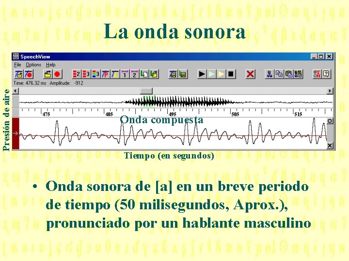 Presión de aire La onda sonora Onda compuesta Tiempo (en segundos) • Onda sonora