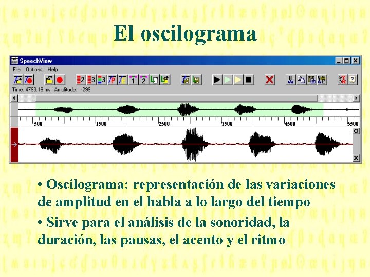 El oscilograma • Oscilograma: representación de las variaciones de amplitud en el habla a