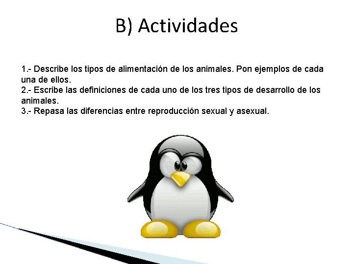 B) Actividades 1. - Describe los tipos de alimentación de los animales. Pon ejemplos