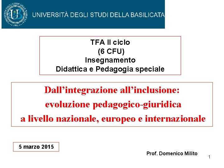 TFA II ciclo (6 CFU) Insegnamento Didattica e Pedagogia speciale Dall’integrazione all’inclusione: evoluzione pedagogico-giuridica