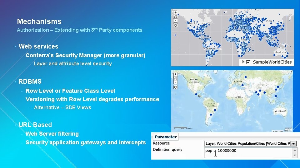 Mechanisms Authorization – Extending with 3 rd Party components • Web services - Conterra’s