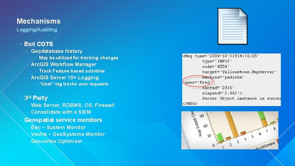 Mechanisms Logging/Auditing • Esri COTS - Geodatabase history - - Arc. GIS Workflow Manager