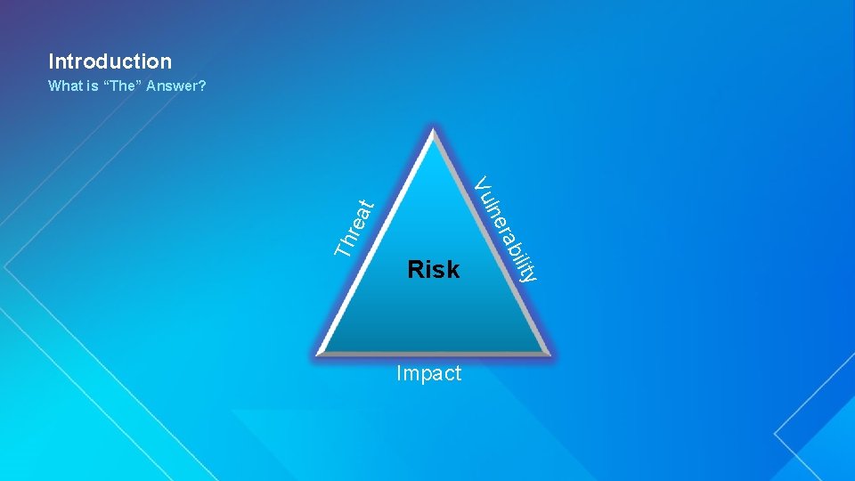 Introduction What is “The” Answer? Th ility Impact rab rea lne t Vu Risk