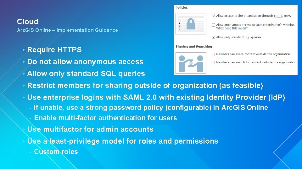 Cloud Arc. GIS Online – Implementation Guidance • Require HTTPS • Do not allow