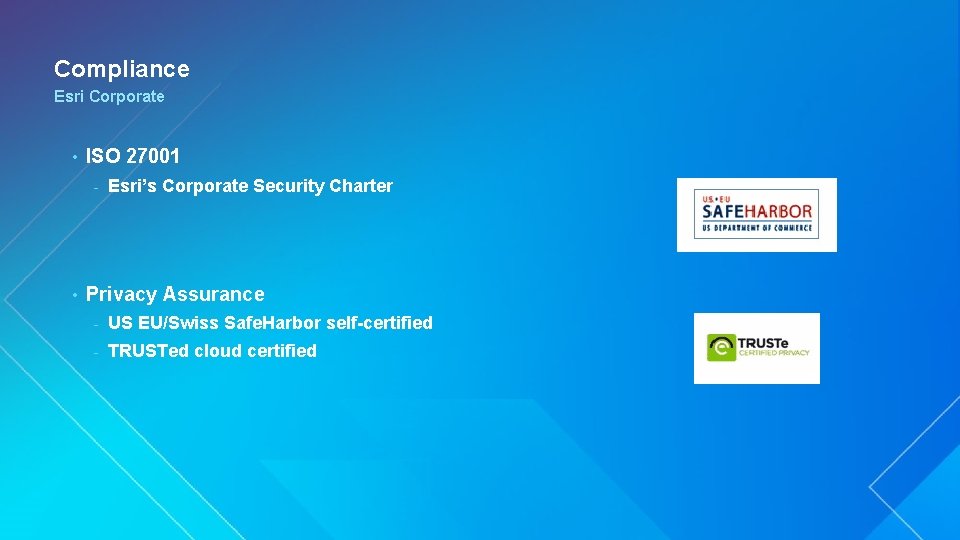 Compliance Esri Corporate • ISO 27001 - • Esri’s Corporate Security Charter Privacy Assurance