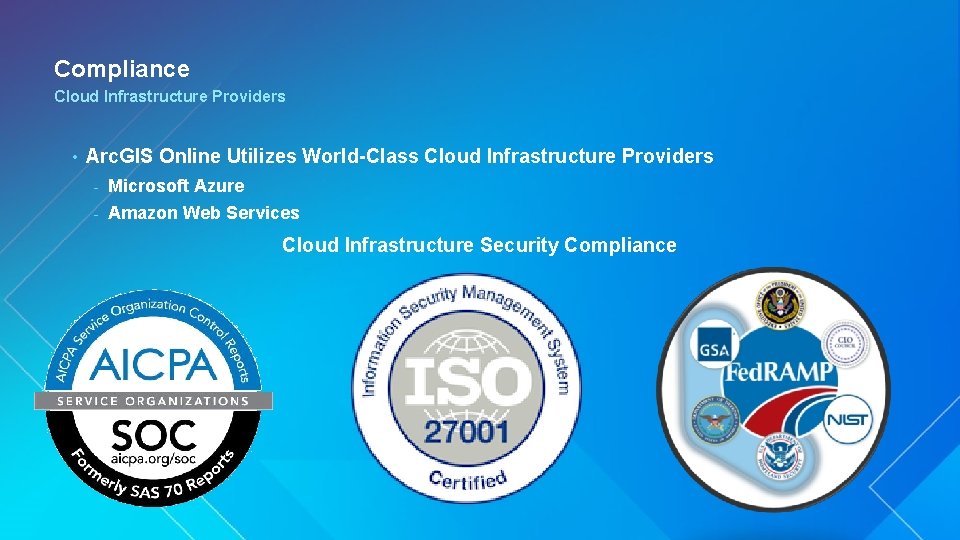 Compliance Cloud Infrastructure Providers • Arc. GIS Online Utilizes World-Class Cloud Infrastructure Providers -