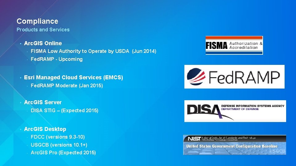 Compliance Products and Services • • Arc. GIS Online - FISMA Low Authority to